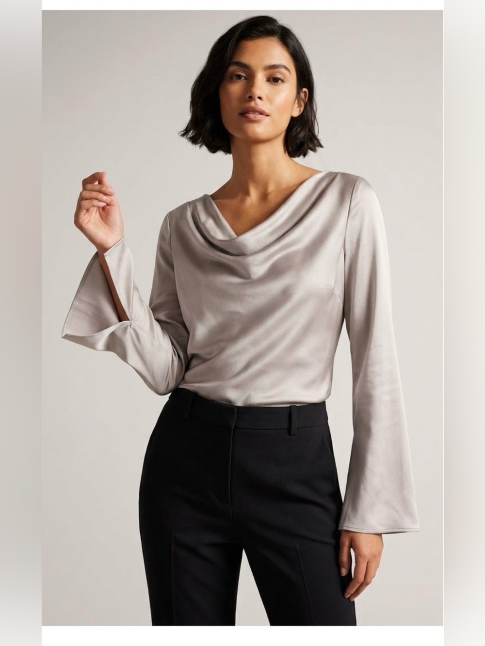 Antonio Melani Women's SILK Satin Silver Cowl Neck Long bell Sleeves Blouse XS